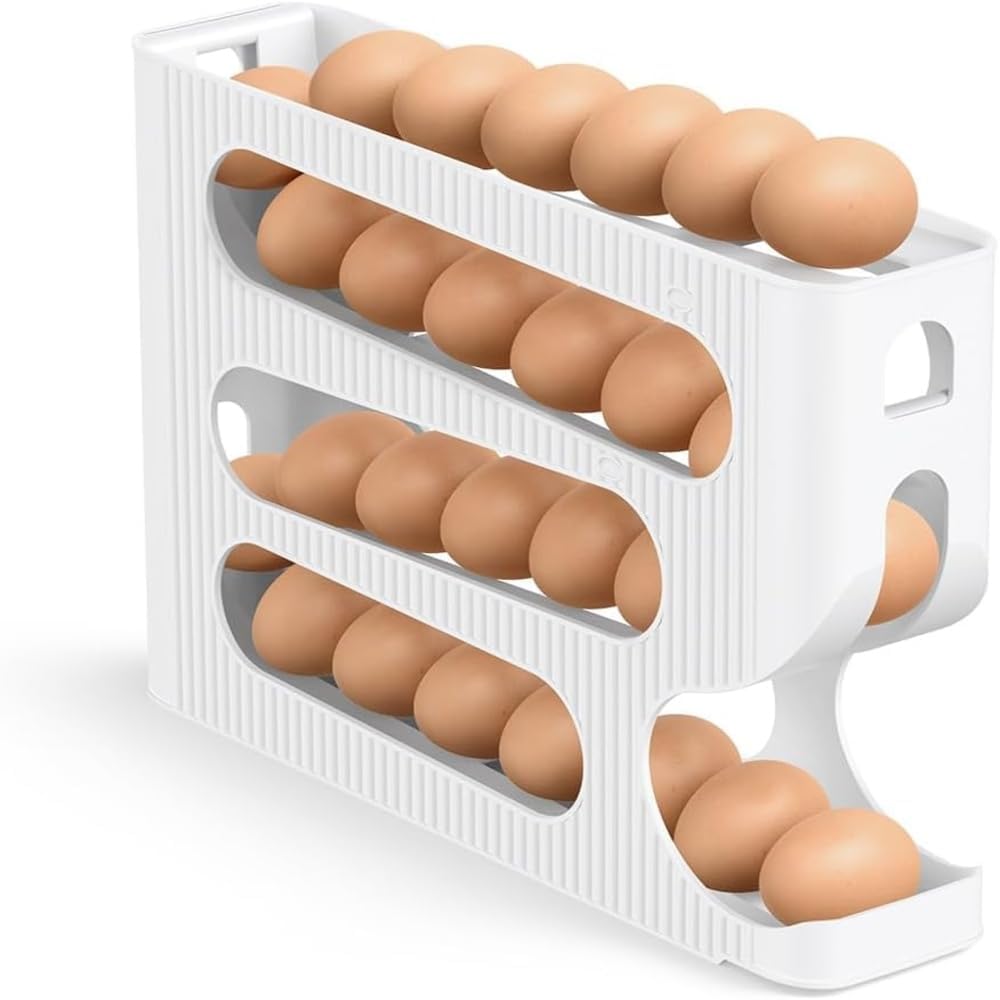 Accohom Automatic Rolling Egg Dispenser For Refrigerator, 4 Tier Egg Storage Organizer Rack, Space Saving Fridge Egg Holder Cont