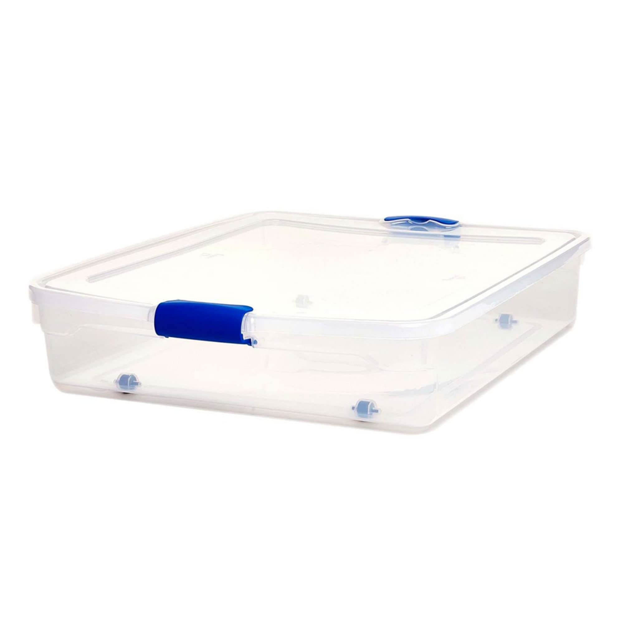 HOMZ 56-Quart Underbed Bin Containers, Secure Clear Plastic Under the Bed Storage Organizer with Latching Lid, Blue Handles, and
