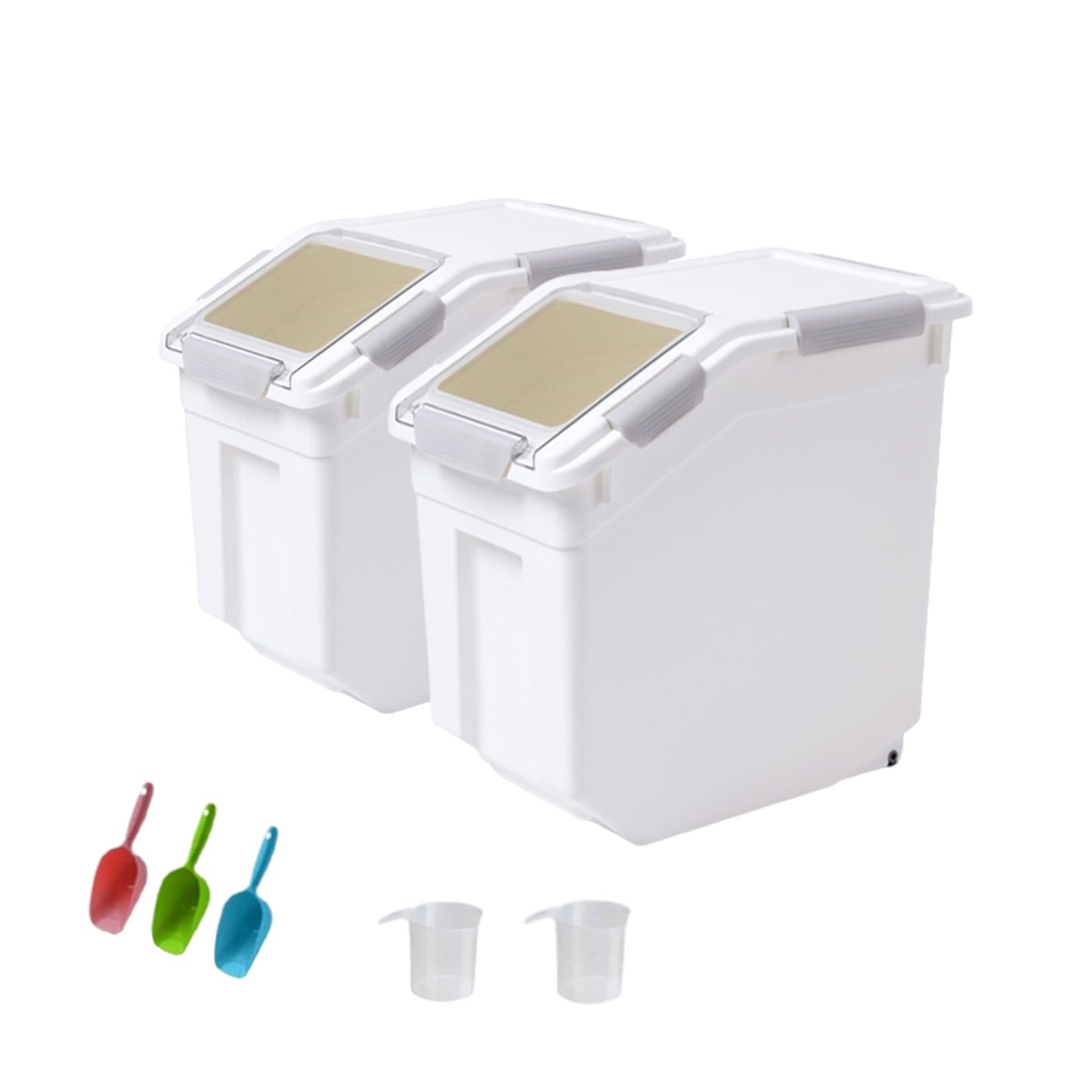 Qiveno Airtight Flour Storage Container 25 Lb Rice Storage Container With Wheels Seal Locking Lid, Food Containers With Measurin