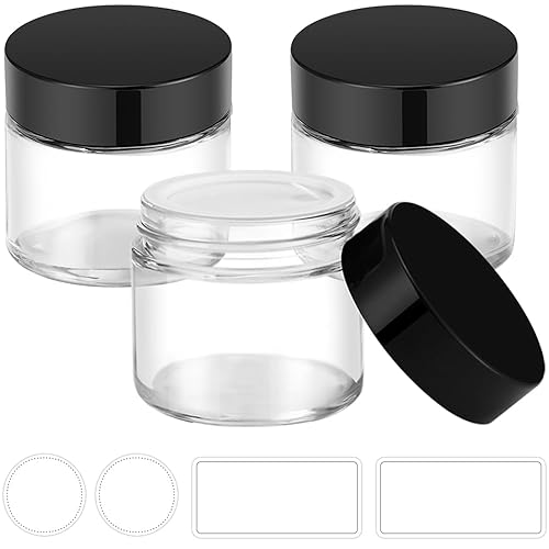 Bumobum 2 oz Glass Jars with Lids  3 pack Clear Small Jar with Black Lids  Blank Labels & Inner Liners  60 ml Empty Round Cosmetic Containers for Sample  Powder  Cream  Lotion  Spice