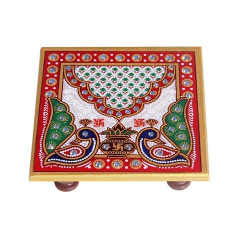 Benavji Marble Chowki With Ganesha Idol Hand Painted Ganesh Marble Base Home Decor Traditional Decorative Gift Pooja Wedding Sho