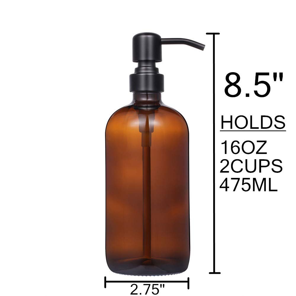 2 Pack Thick Amber Glass Pint Jar Soap Dispenser With Matte Black Stainless Steel Pump, 16Ounce Boston Round Bottles Dispenser W
