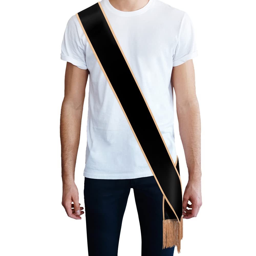 Party To Be Plain Sash With Tassels Blank Satin Sash For Adults 3.9'' Wide X 74.8'' In Total Length (Black With Golden Border)