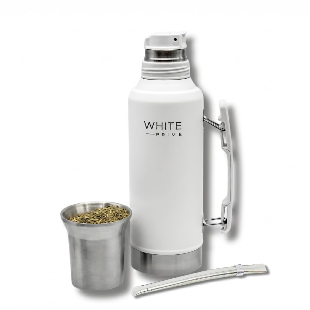 WHITE Prime Yerba Mate Thermos System 1.2L  Insulated Water Bottle with Integrated Cup Lid & Straw (Bombilla) | Precision Pour 