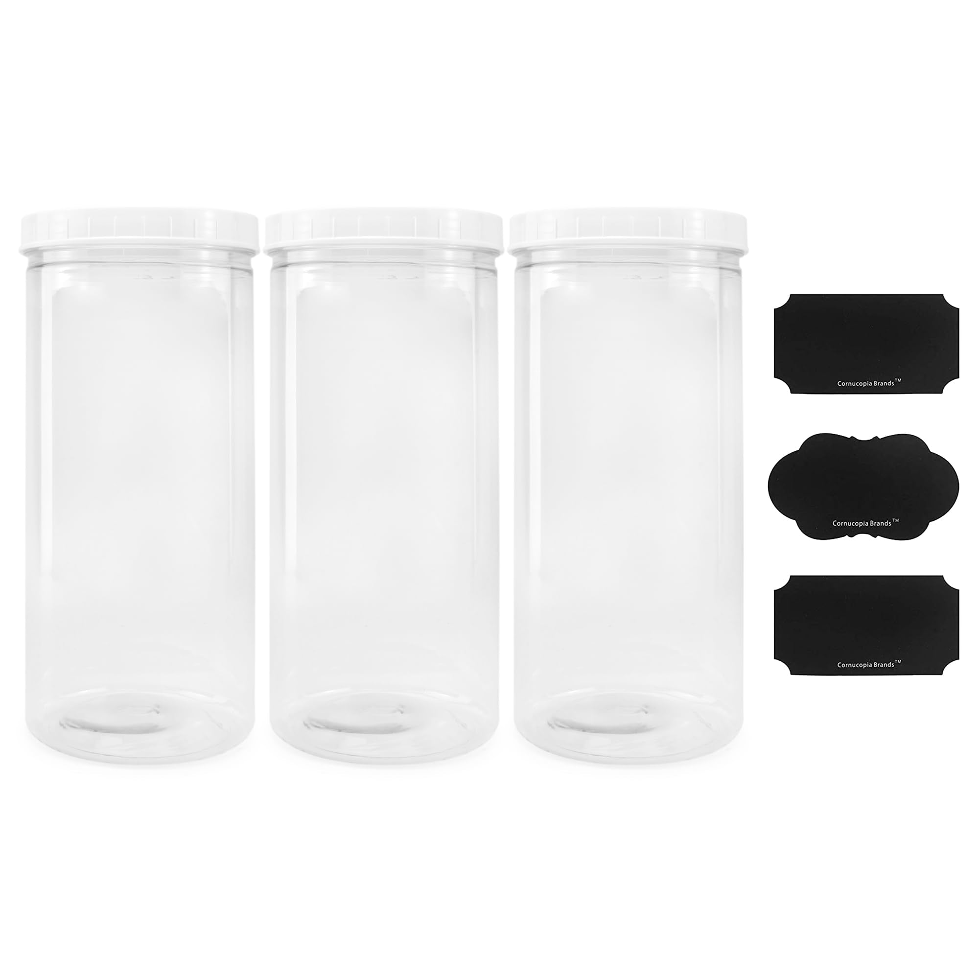 Cornucopia Tall Clear Plastic Canisters W Lids And Labels (3-Pack, 2.5 Quart / 10 Cup Capacity); 10In High Bpa-Free Pet 80Oz Jar