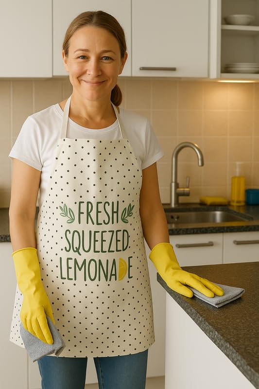 Jyotex Fresh Squeezed Lemonade Design Kitchen Apron With Polka Dots, White And Green Print (H)