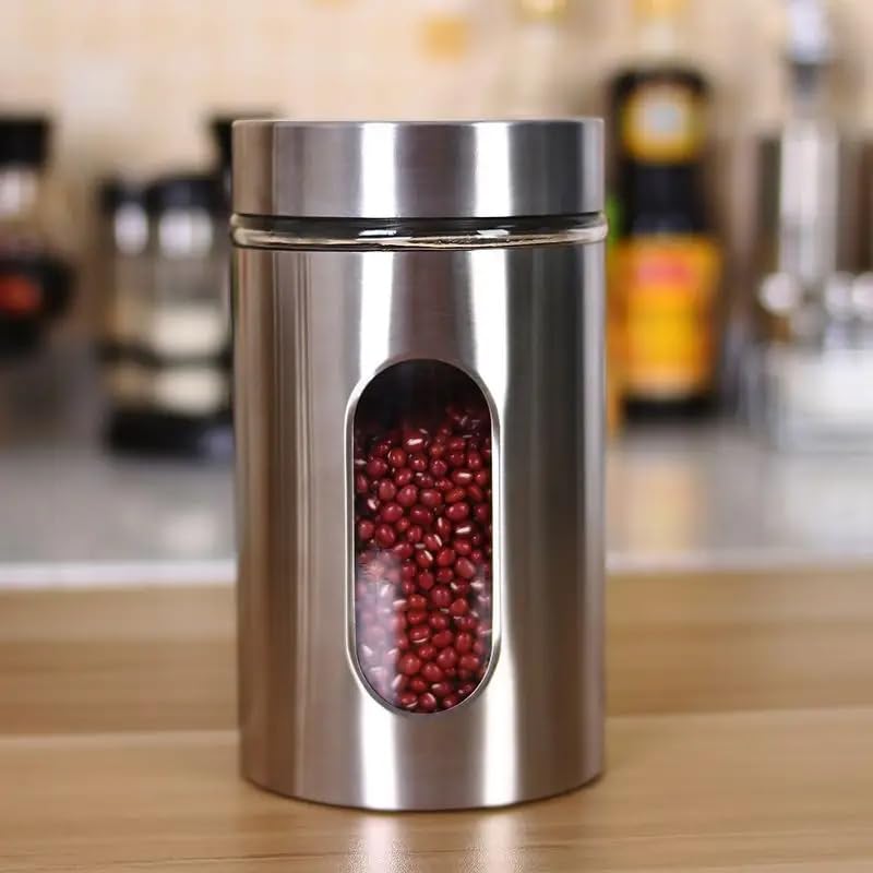 Jsjpo Steel Cover Window Clear Glass Jars For Kitchen Storage Food Spices Canister With Airtight Lid Container Organizer, Tea Co