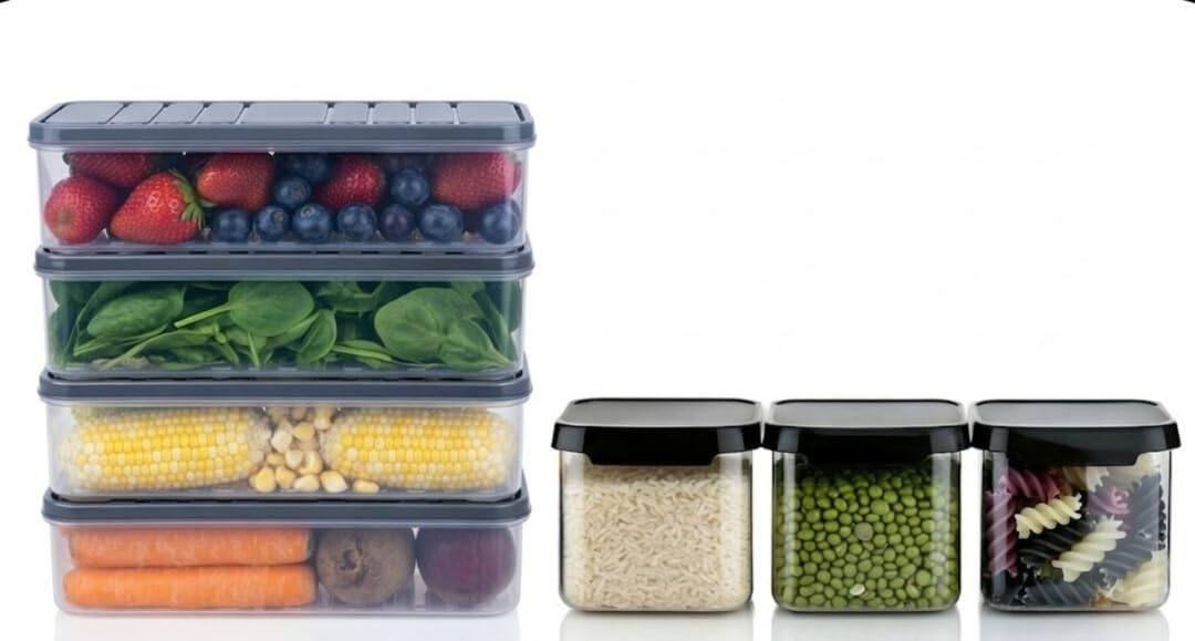 Royalcook Food Storage Container Combo Set, 1200Ml Set Of 4 & 500 Ml Set Of 3. Airtight Plastic Kitchen & Fridge Organizers With