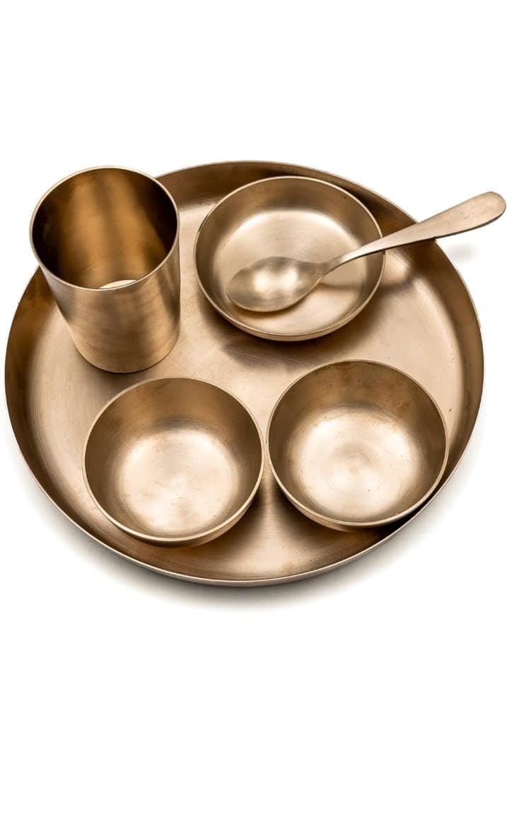 Bona Fide Kansa Thali Dinner Set | Bronze, 6 Pieces, Kansa Dinner Set,Heavy Gauge Matte Design,Thali Size 11 Inch(1800Gm),Kansa/