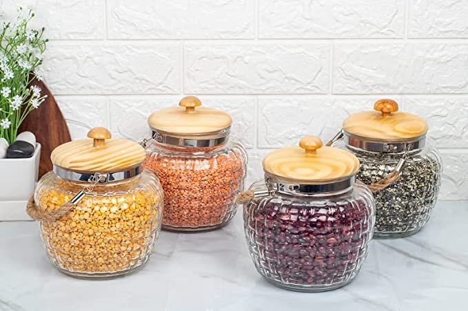 Femora Kitchen Storage Jars Embossed Glass Jar With Wooden Lid & Jute Chain Air Tight Jar, 500 ML, Pack of 4