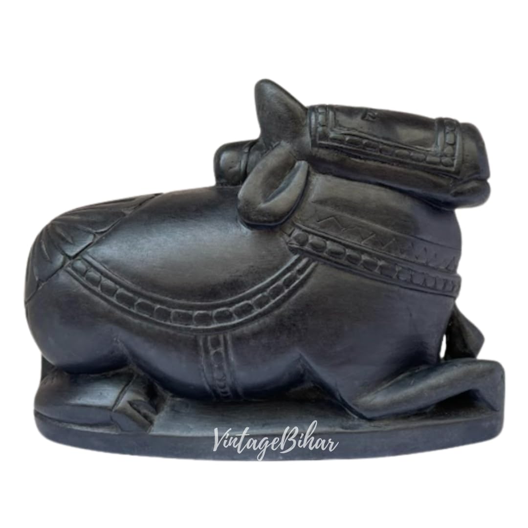 Vintagebihar Handcrafted Nandi Idol - Pure Black Stone Statue For Pooja, Home Temple, And Religious Gifts, Shivling With Nandi (