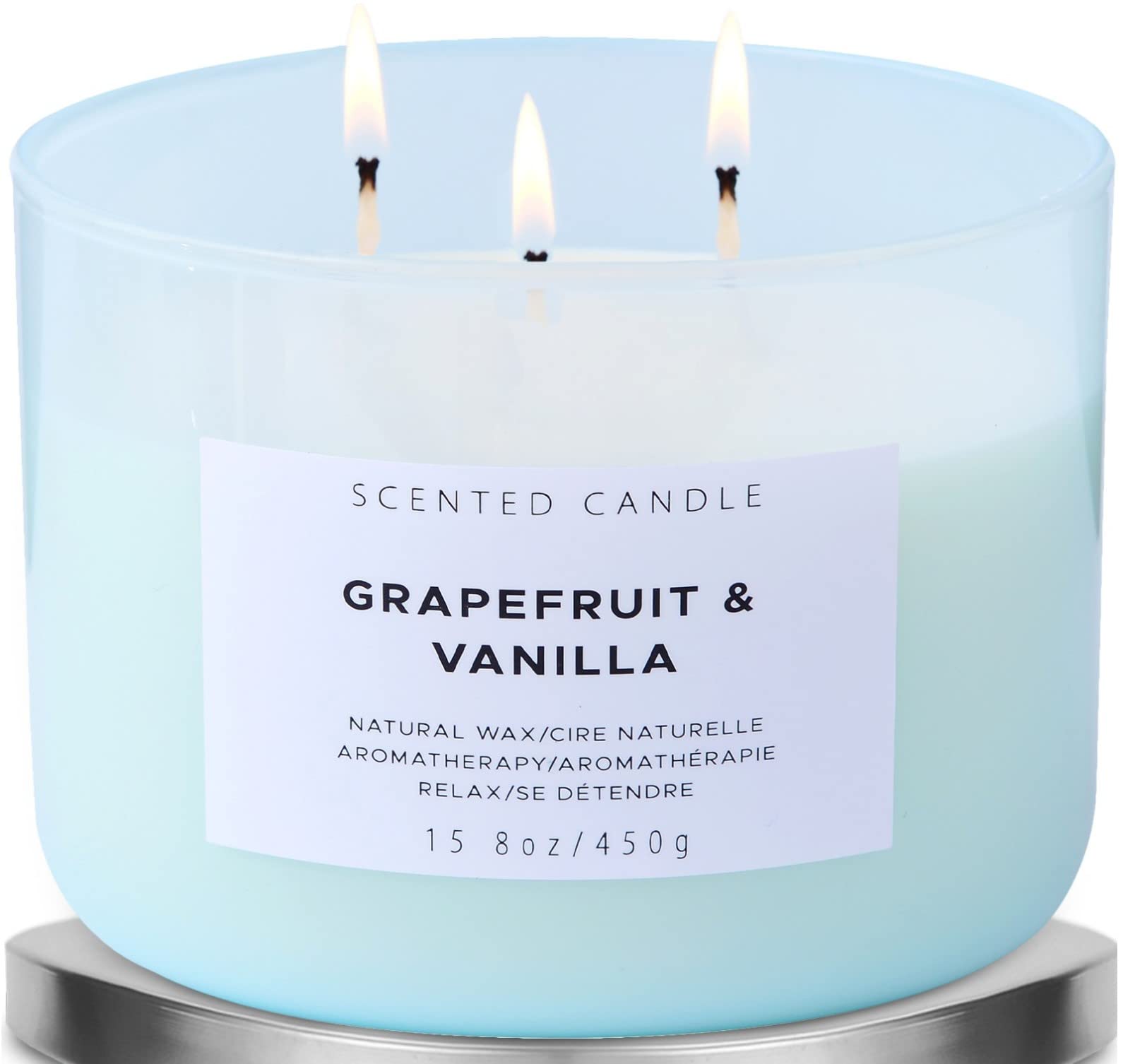 Large Grapefruit Vanilla Candle | Natural Soy 3 Wick Scented Candle for Home Relaxation 15.8 oz | Aromatherapy Stress Relief Can