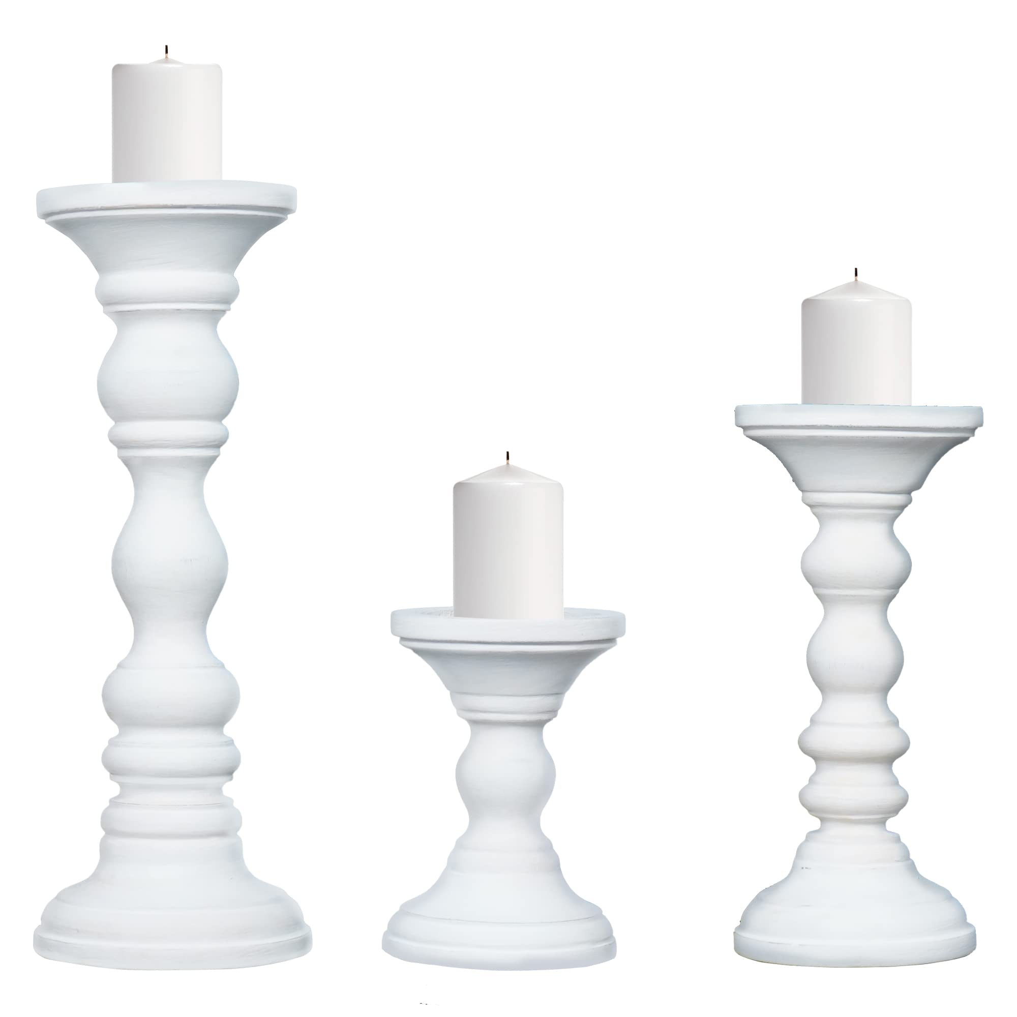 Mela Artisans Matte White Hand Carved Wooden Pillar Candle Holders - Set of 3 | Willow Decorative Style | Crafted from Mango Woo