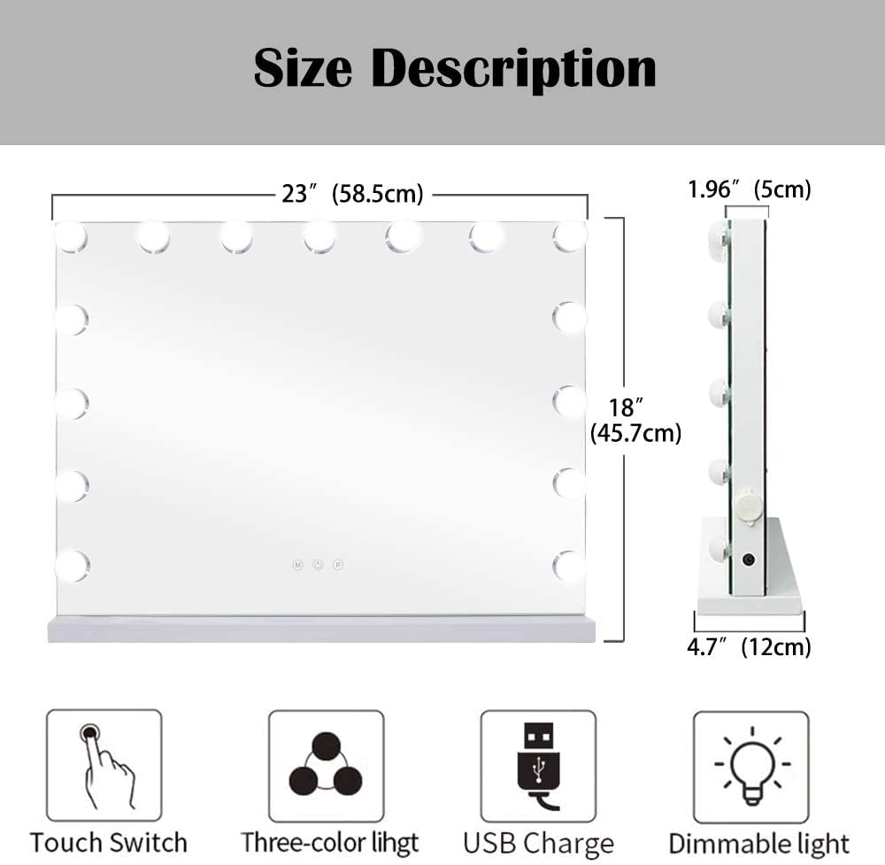 Zdorzi Vanity Mirror With Lights,Large Hollywood Lighted Makeup Mirror With 15 Dimmable Led Bulbs,3 Color Modes,Touch Control,10