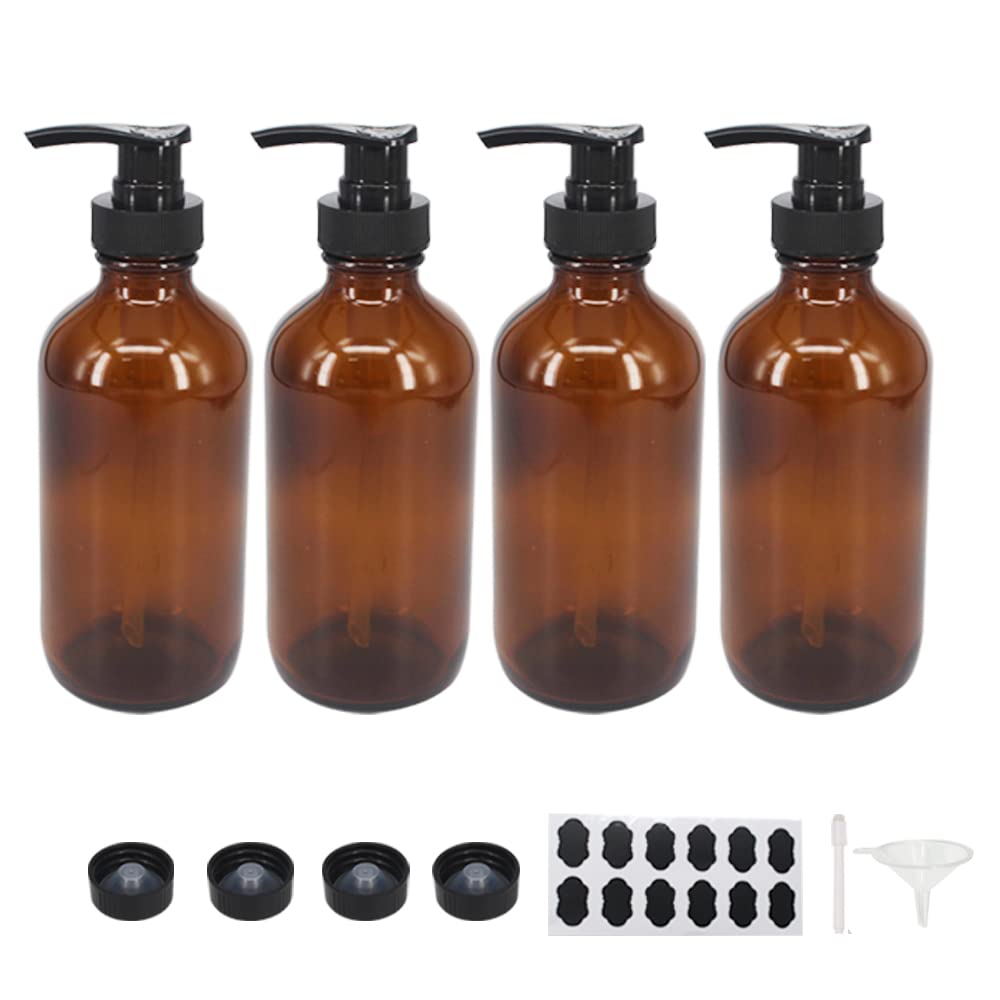 Bpfy 4 Pack 8 Oz Amber Glass Pump Bottles, Boston Round Bottles With Pumps For Lotion, Soap, Massage Oils, Refillable Containers