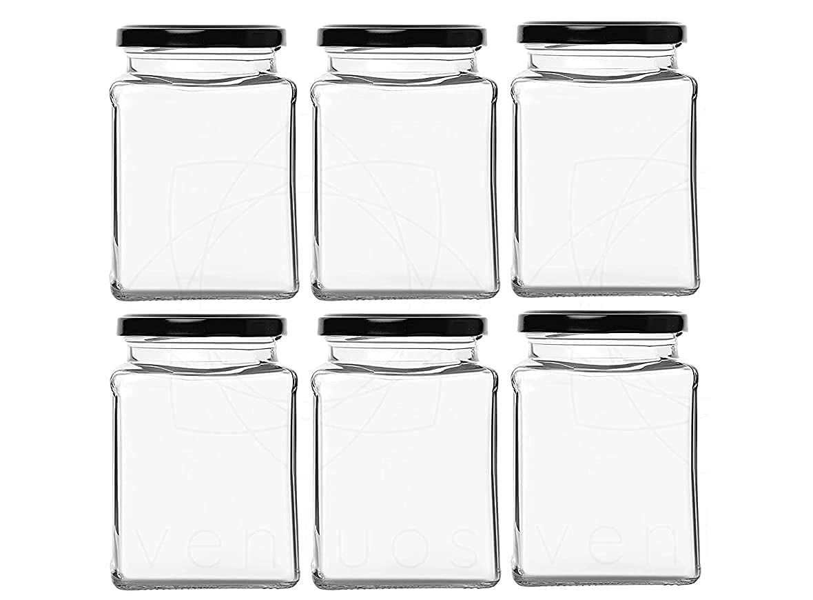 Aarc Square Glass Storage Jar & Container Air Tight Dark Black Lid Cooking Storage Jar Pickle Storage Dry Fresh Fruit Storage Ja