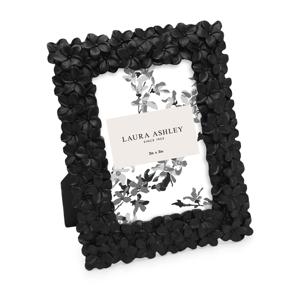 Laura Ashley 2x3 Black Flower Textured Hand-Crafted Resin Picture Frame w/Easel & Hook for Tabletop & Wall Display, Decorative F