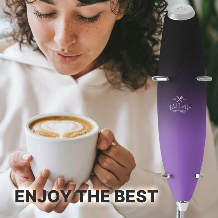 Zulay Kitchen Milk Frother - Tornado Triple Whisk Electric Stirrer - Stainless Steel - Black Purple Fade