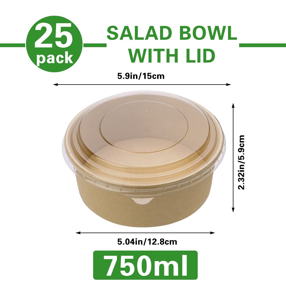 Giwrmu Paper Salad Bowls With Clear Lids, 750 Ml Disposable Round Shape Kraft Food Containers Suit For Bbq, Gatherings And Parti