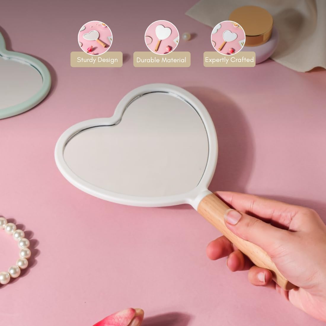 Nestasia Love Heart Hand Mirror | Lightweight And Adorable Vanity Mirror For Makeup And Touch-Ups On The Go | Crystal-Clear Refl
