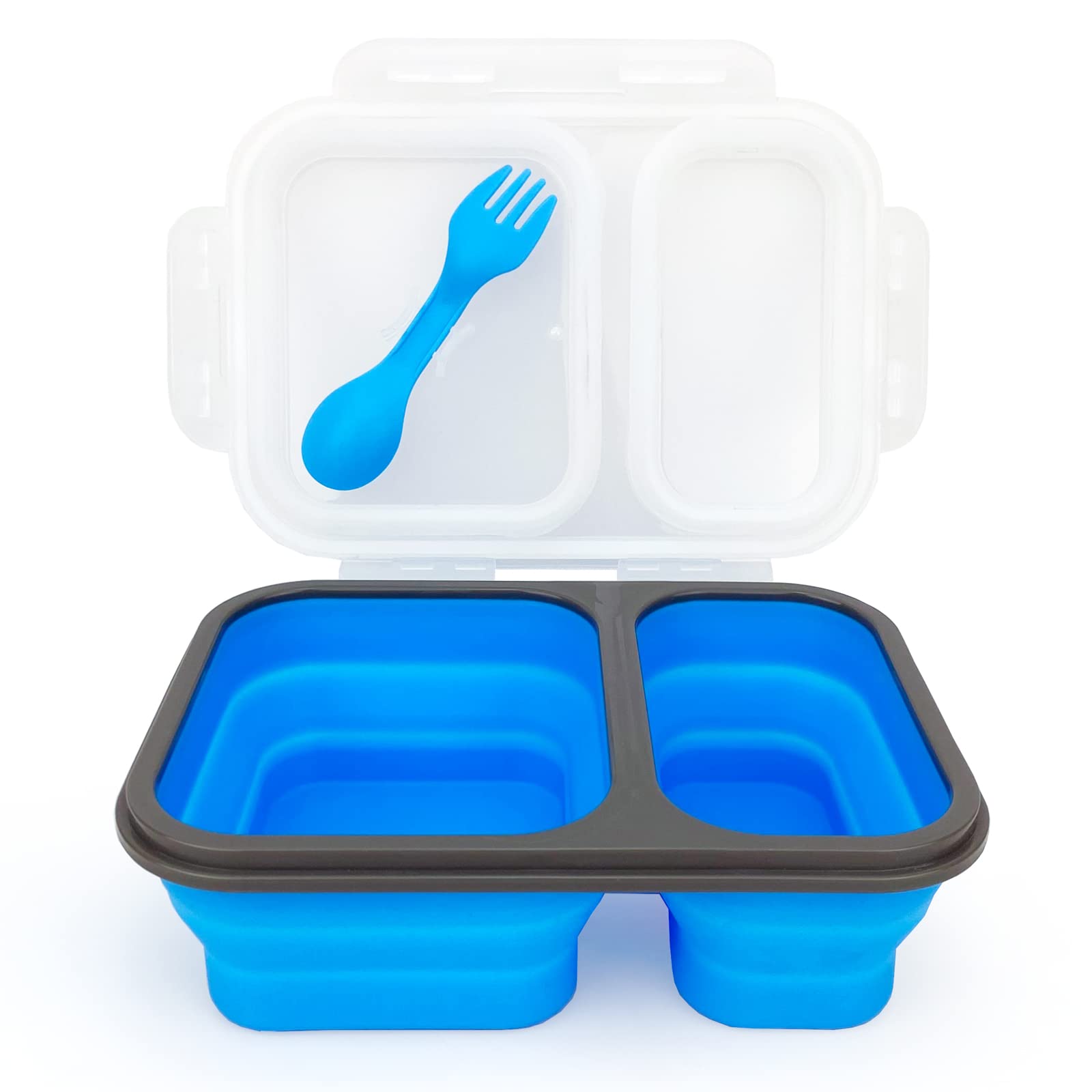 Lunbengo 2 Compartments Collapsible Airtight Bento Box With Ideal Portion 600Ml & 450Ml And 2 In 1 Spoon & Fork, Food Grade Sili