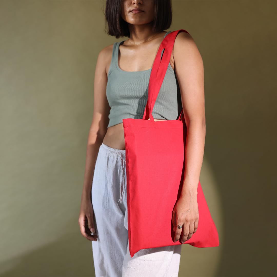 Salt Earth Pack of 5 | 6 | 12 | 24 | 48 - 100% Cotton Reusable Tote Bags - Bulk Grocery, Shopping, DIY, Beach & Gift Use (Red)
