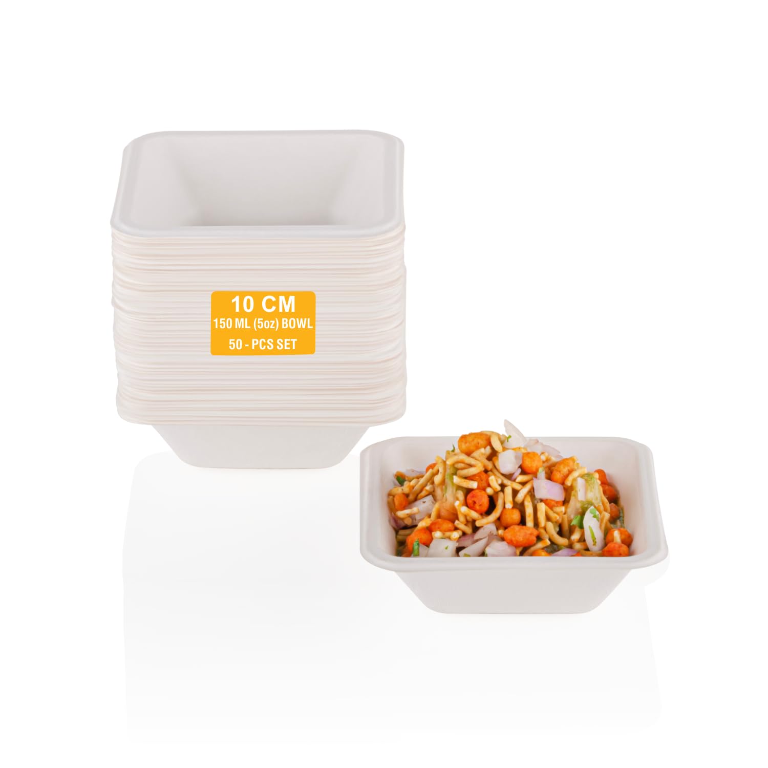 Clazkit 150 Ml, 50Pack Square Compostable Bagasse Bowls | Disposable EcoFriendly Biodegradable Dinner | Party, Wedding, Event,
