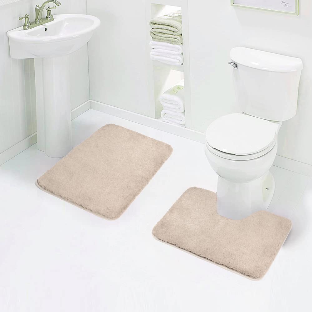 Walensee Shaggy 2 Piece Bath Rug Sets (Beige) 20 X 24 U Shape Contour Rug & 20 X 32 Bathroom Rug Machine Wash/Dry Bath Mats For