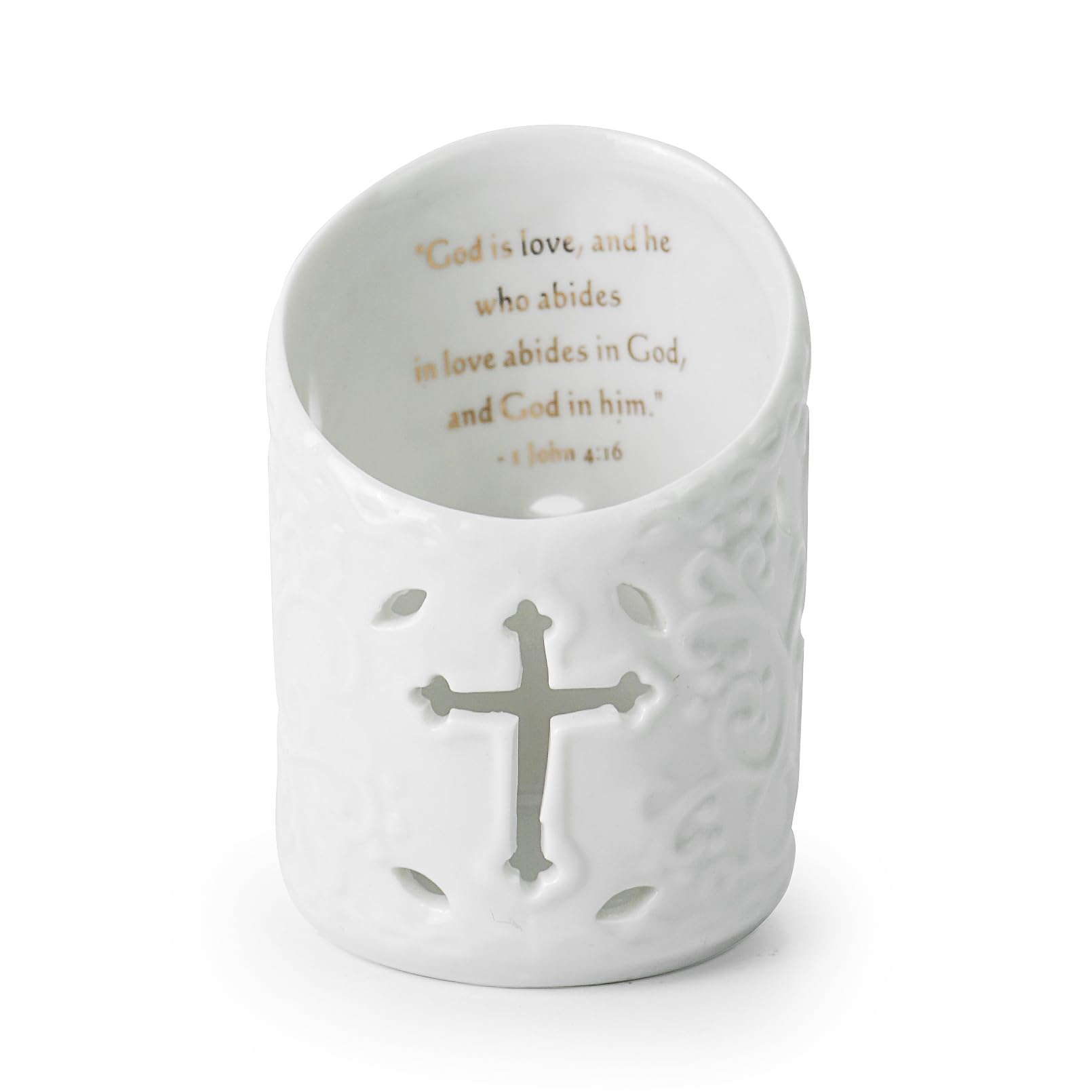 DreamsEden Christian Cross Tea Light Holder Ceramic Candle Holder with Bible Verse Tealight Cup Votive Candle Hold for Wedding H