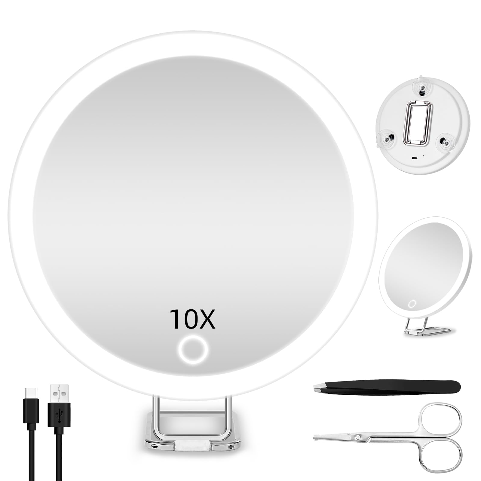 10X Magnifying Mirror With Lights, 6Inch Makeup Magnifying Mirror 10X Lighted Handheld Magnification Mirror With Stand & Suction
