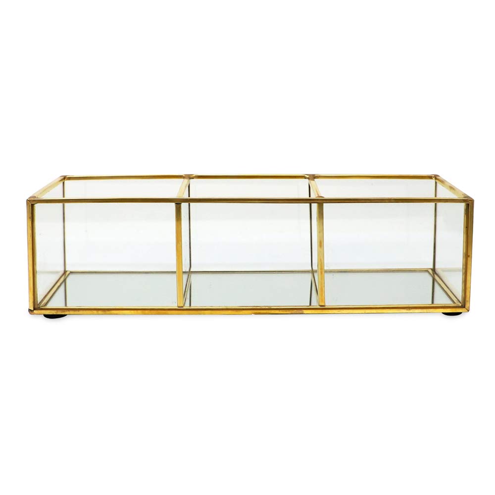 Isaac Jacobs 3-Compartment Vintage Style Brass and Glass Organizer (9.1 L x 3.6W x 2.6 H)  Multi-Sectional Tray & Storage Solution with Mirror Base  for Makeup & More  Bathroom  Kitchen  Office