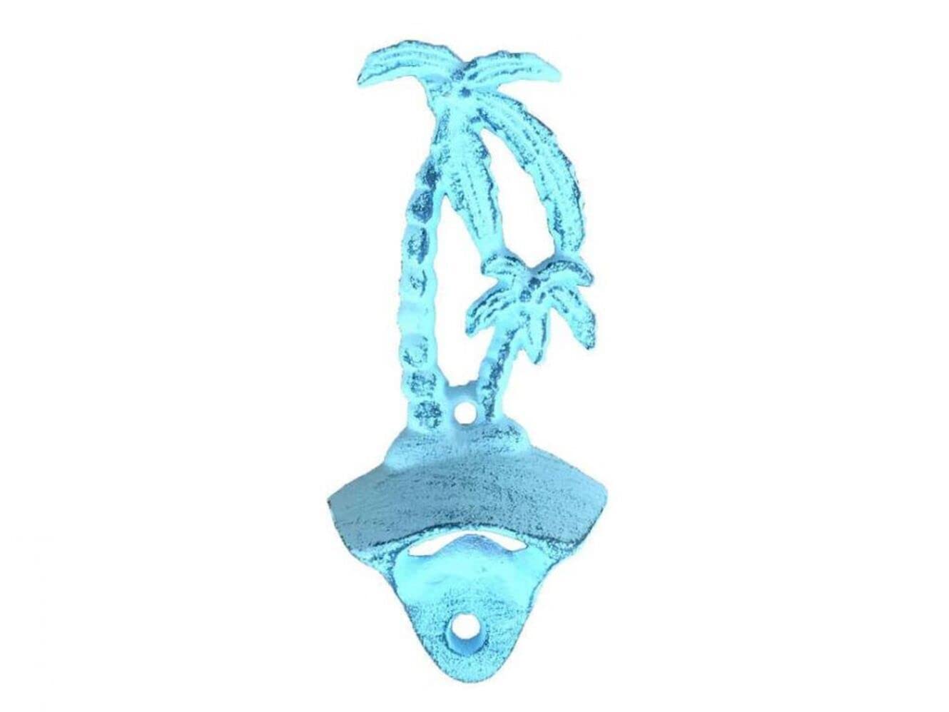 Handcrafted Nautical Decor Rustic Dark Blue Whitewashed Cast Iron Wall Mounted Palmtree Bottle Opener 6'' -