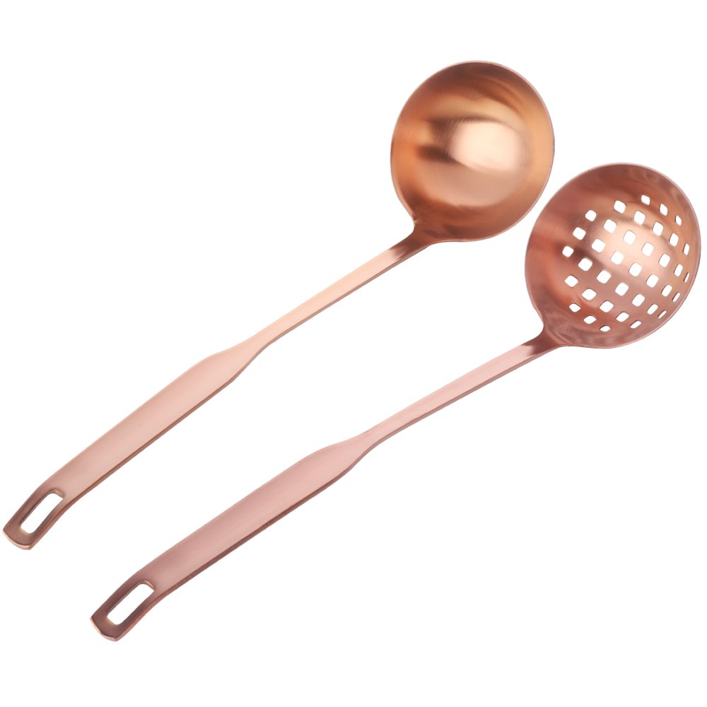 2 Pcs Soup Ladle Colander, Rose Gold Frosting Flatware Cookware Serving Long Handle Steel Slotted Spoon Cooking Utensil Set for 