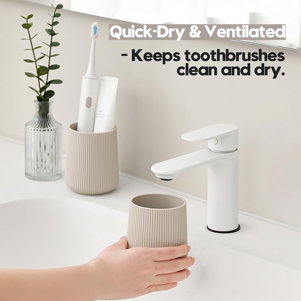 YAUKPH Beige Striped Toothbrush Holder for Electric Toothbrushes Bathroom Organizer for Toothpaste Kids & Adults