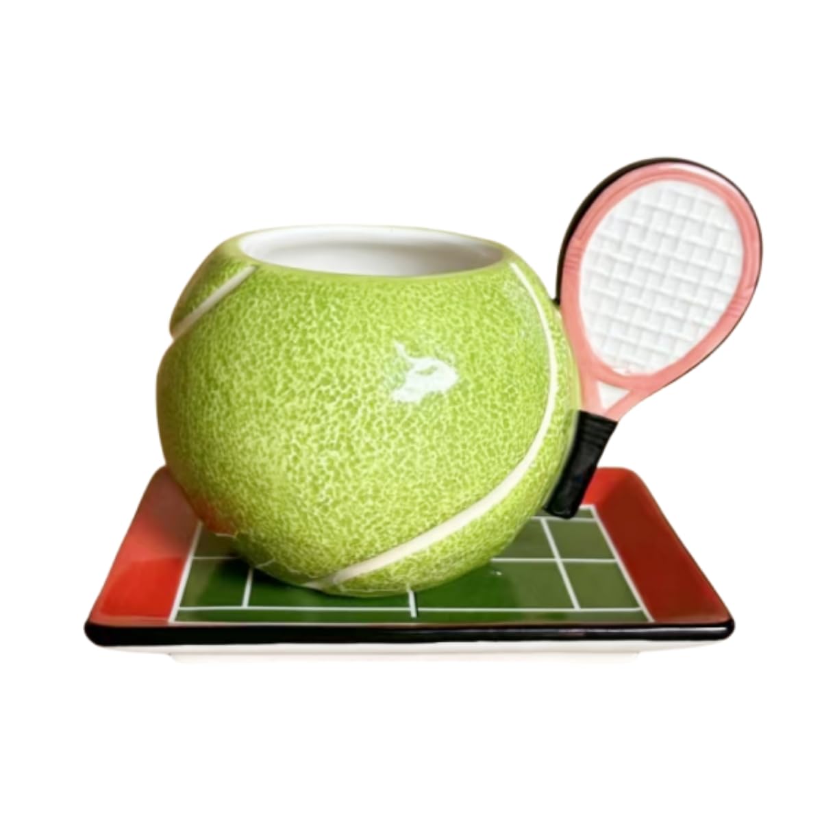 FORLONG Ceramic Coffee Mug and Saucer set, 3D Handmade and Handpainted Tennis and Tennis Court Design Tea Mug, 250ml(8.45oz)