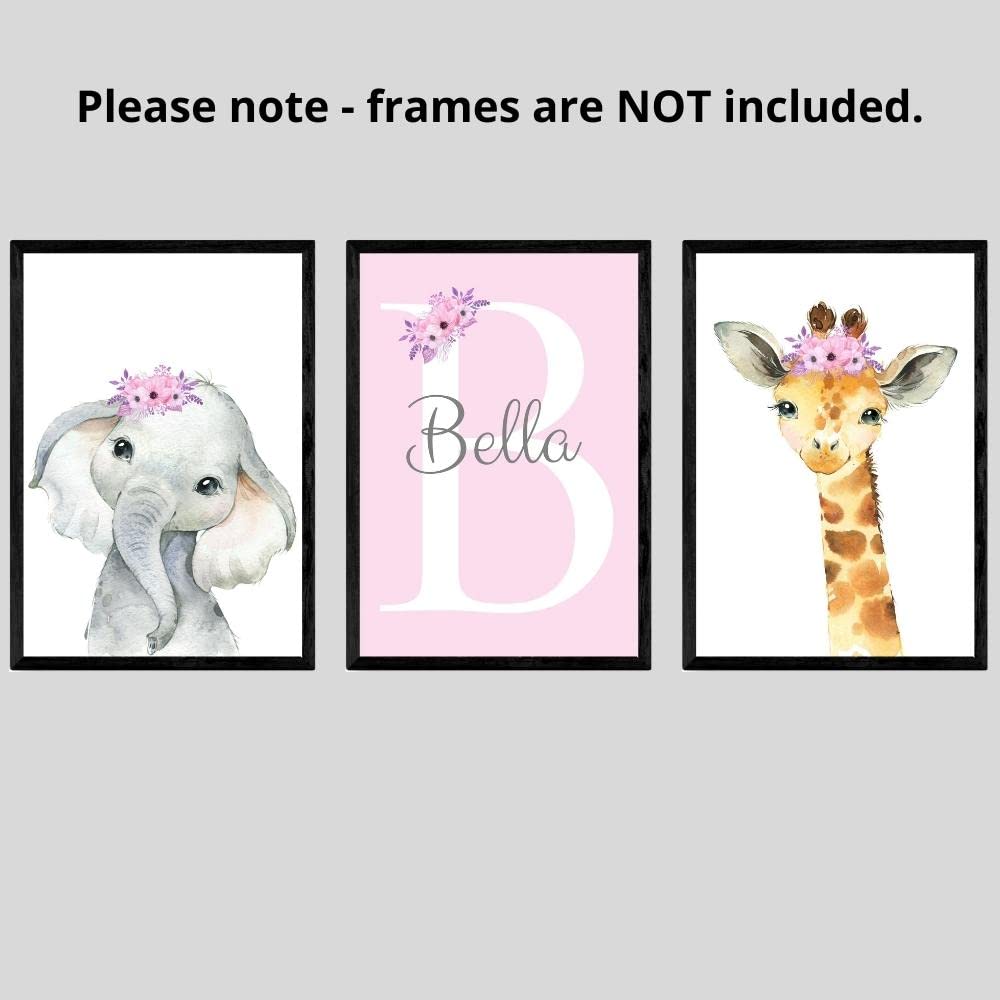 Personalized Safari Animals For Baby Girls Nursery, Set Of 3 Unframed Poster Prints, Personalized Name Pink Lilac Floral, Girls