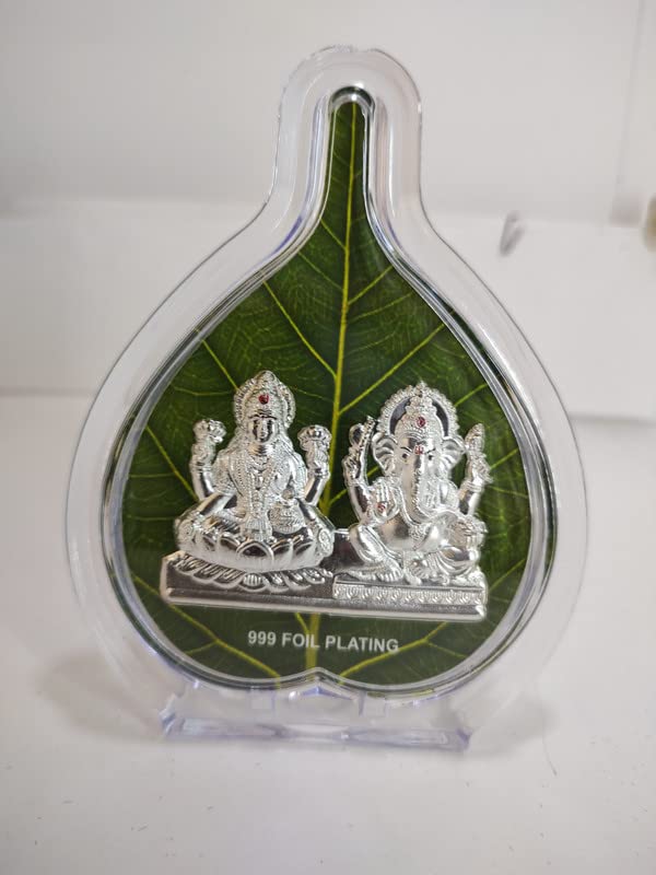 Altrona Ganesha Lakshmi Silver Idol Frame Leaf Shape For Dipawali/Dhanteras/Gifting/Akshaya Tritiya (Size 5X4 Inches)