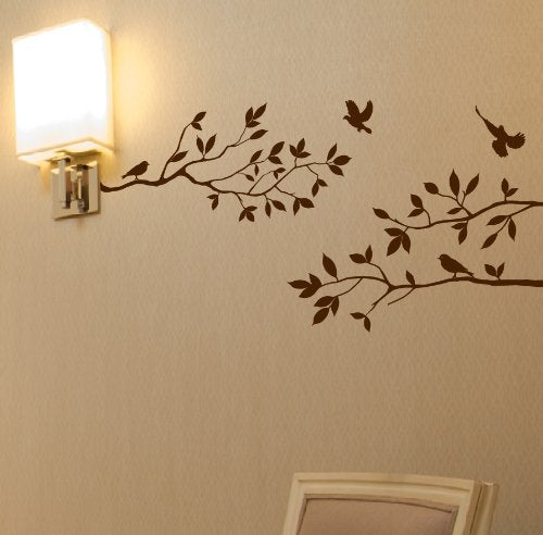 Tree Branches Wall Decal With Birds Vinyl Sticker Nursery Leaves 40'' Wide X 18'' High As Shown (Matte Brown)