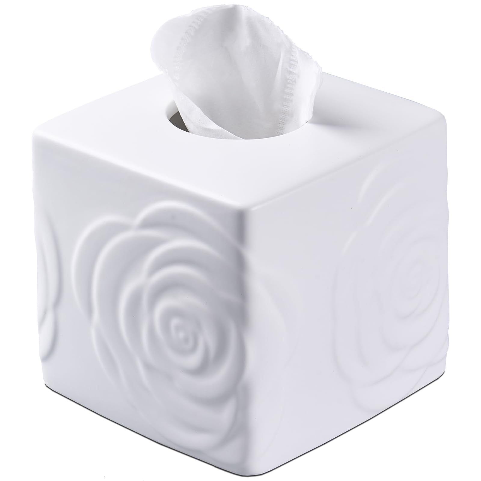 White Ceramic Rose Tissue Box Cover, Carved Flowers Large Square Tissue Box Holder Decorative for Bathroom, Vanity, Kitchen Coun