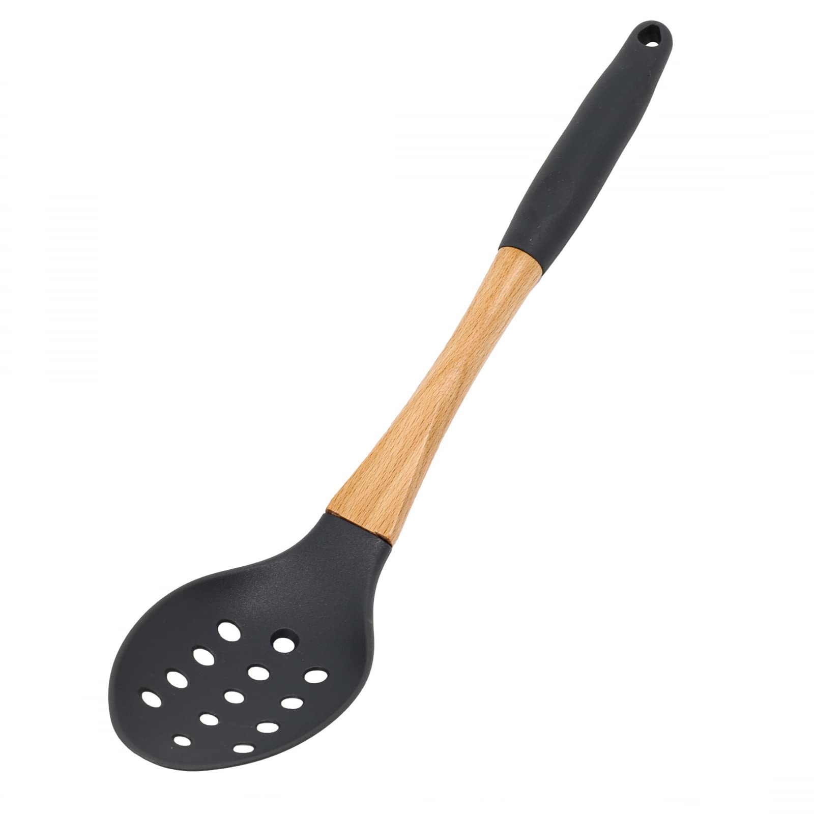 Beille Grey Nylon Slotted Spoon with Wooden Handle Kitchen Utensils High Heat Resistance, 13 Inch