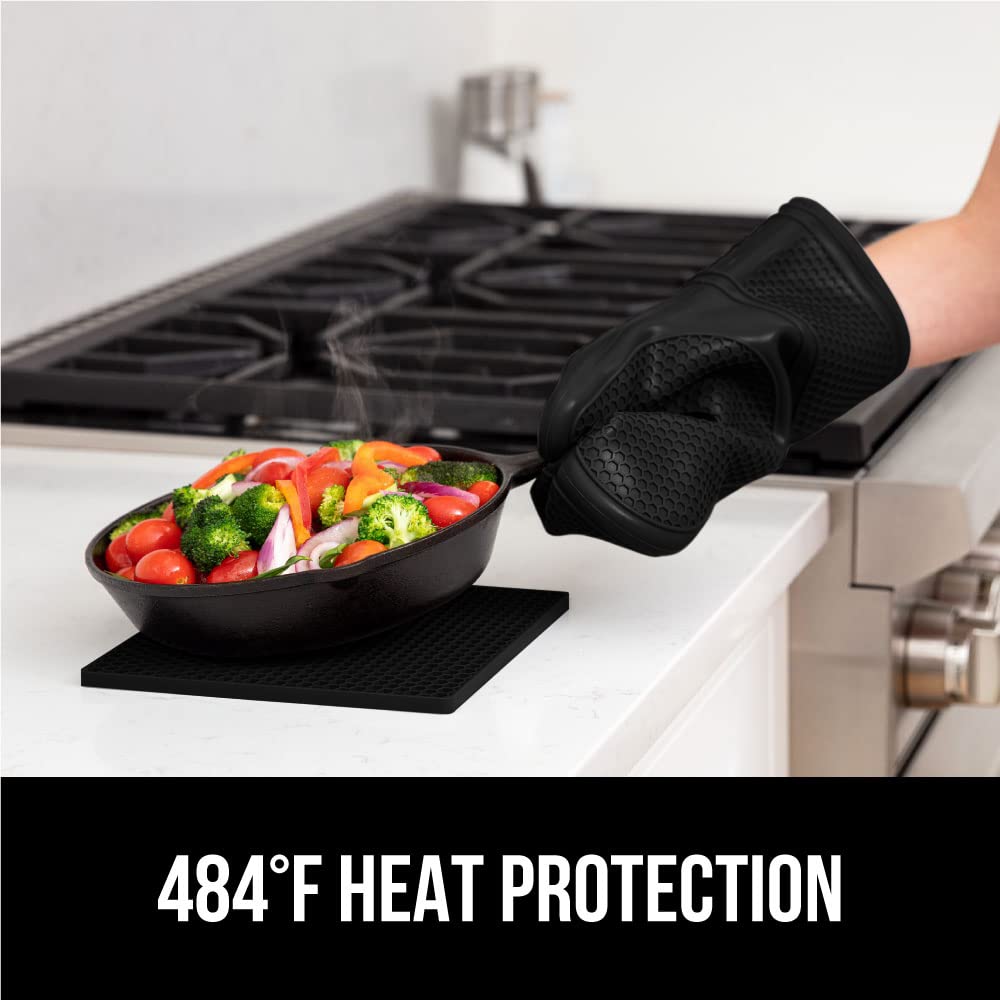Gorilla Grip Heat And Slip Resistant 4 Piece Silicone Oven Mitt And Trivets Set, Waterproof, Cotton Lined Gloves, Bpa-Free, Long
