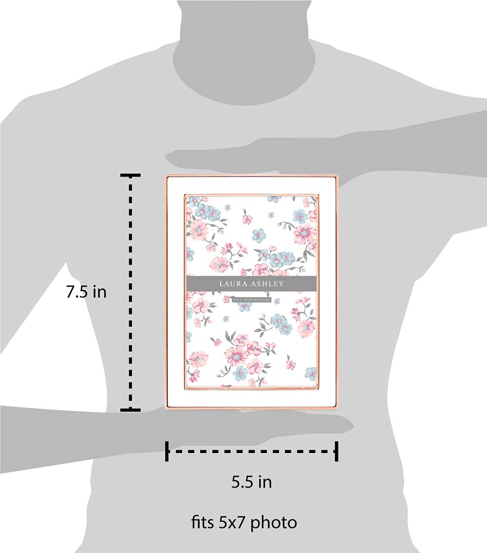 Laura Ashley 5x7 White Enamel Picture Frame, Rose Gold Metal Edge with Easel, for Countertop, Counterspace, Tabletop Display, Bo