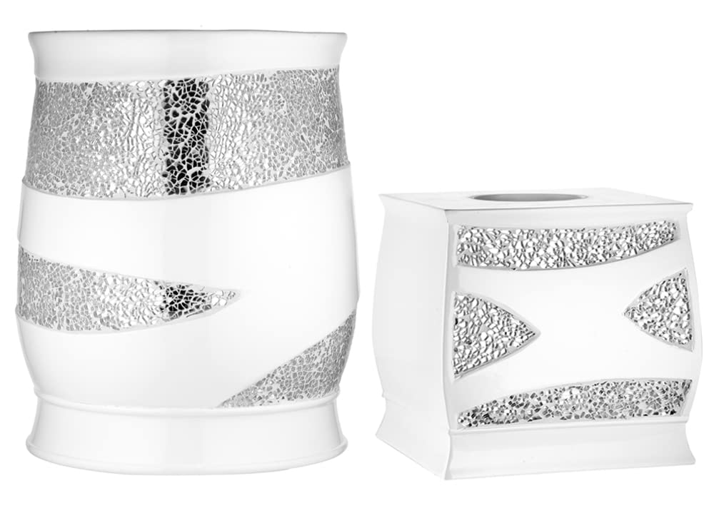 Zahari Home 2Pc Sinatra White Modern Bath Accessories Set Waste Basket & Tissue Box Modern Decorative Beautiful Designs Bathroom