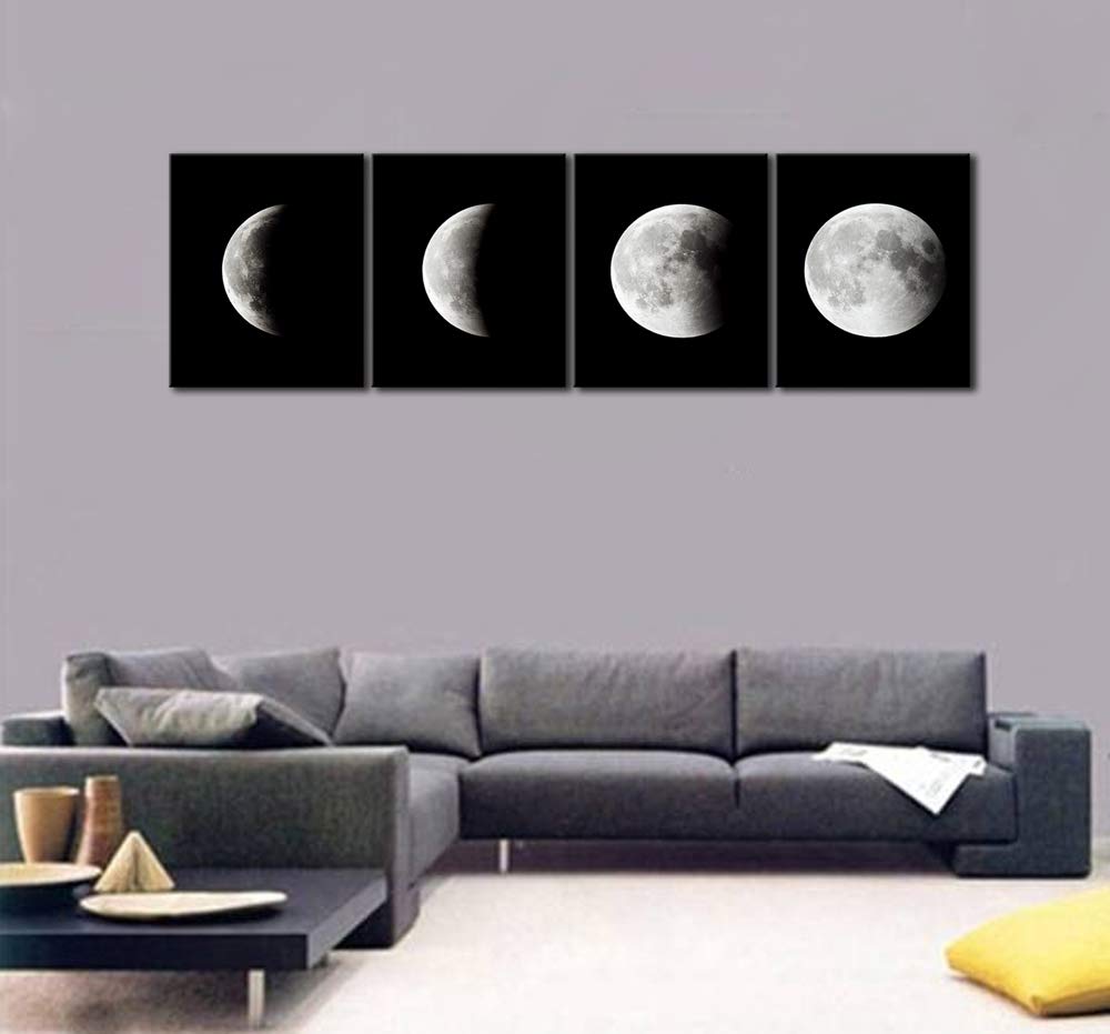 Wieco Art Moon Canvas Prints Wall Art Space Pictures Paintings Large Modern Gallery Wrapped Black And White Abstract Sky Giclee