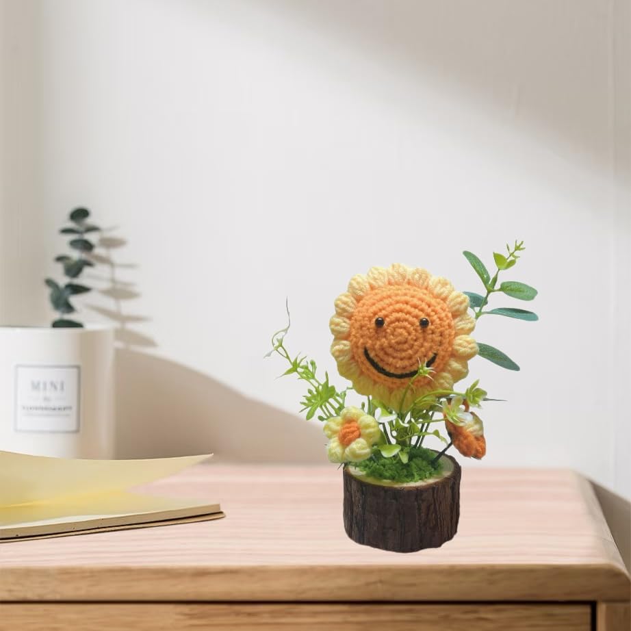 Tileafry Handmade Crochet Sunflowers Flowers Bouquet Creative Knitted Potted Plant Cute Home Desktop Decorations and Gifts for F