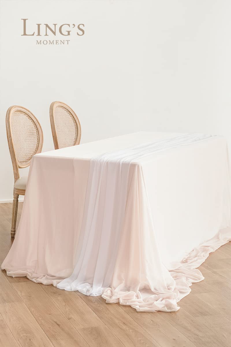Ling'S Moment Sheer Chiffon Like Blush Tablecloth & Table Runner Set For 3X4Ft Rectangle Table Decor Table Cloth In Blush & Whit