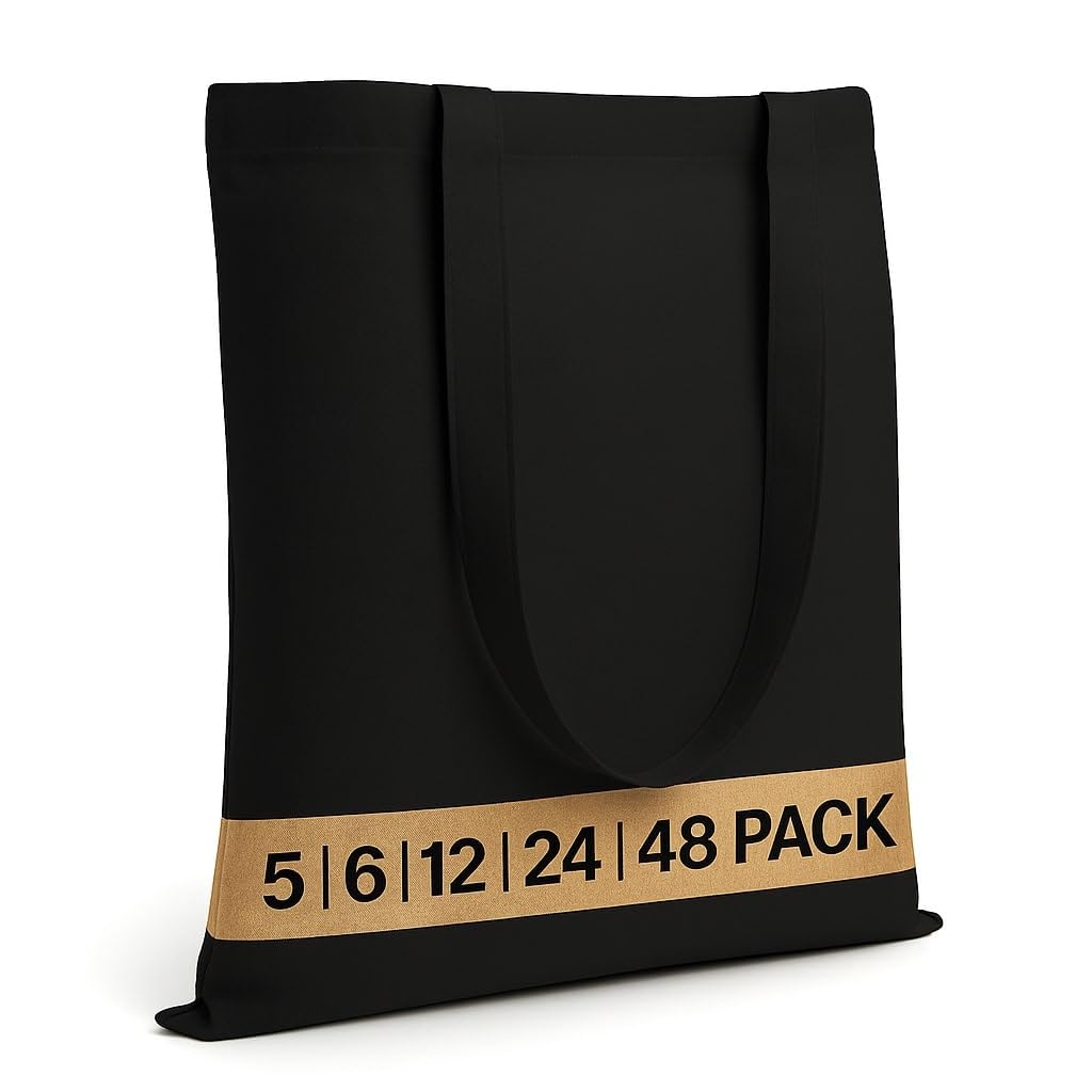 Salt Earth Pack of 5 | 6 | 12 | 24 | 48 - 100% Cotton Reusable Tote Bags - Bulk Grocery, Shopping, DIY, Beach & Gift Use (Black)