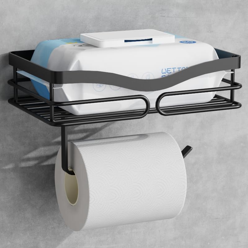 Simple Toilet Paper Holder With Shelf - Toilet Roll Holder Self Adheisve&Wall Mounted Bathroom Organizer Decor For Wipes&Reading