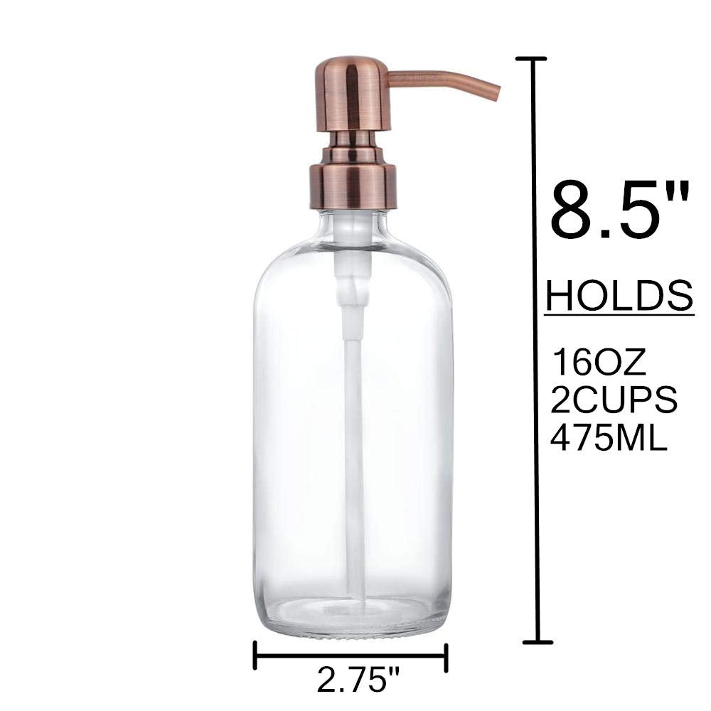 2 Pack Thick Clear Glass Pint Jar Soap Dispenser With Copper Stainless Steel Pump, 16Ounce Clear Boston Round Bottles Dispenser