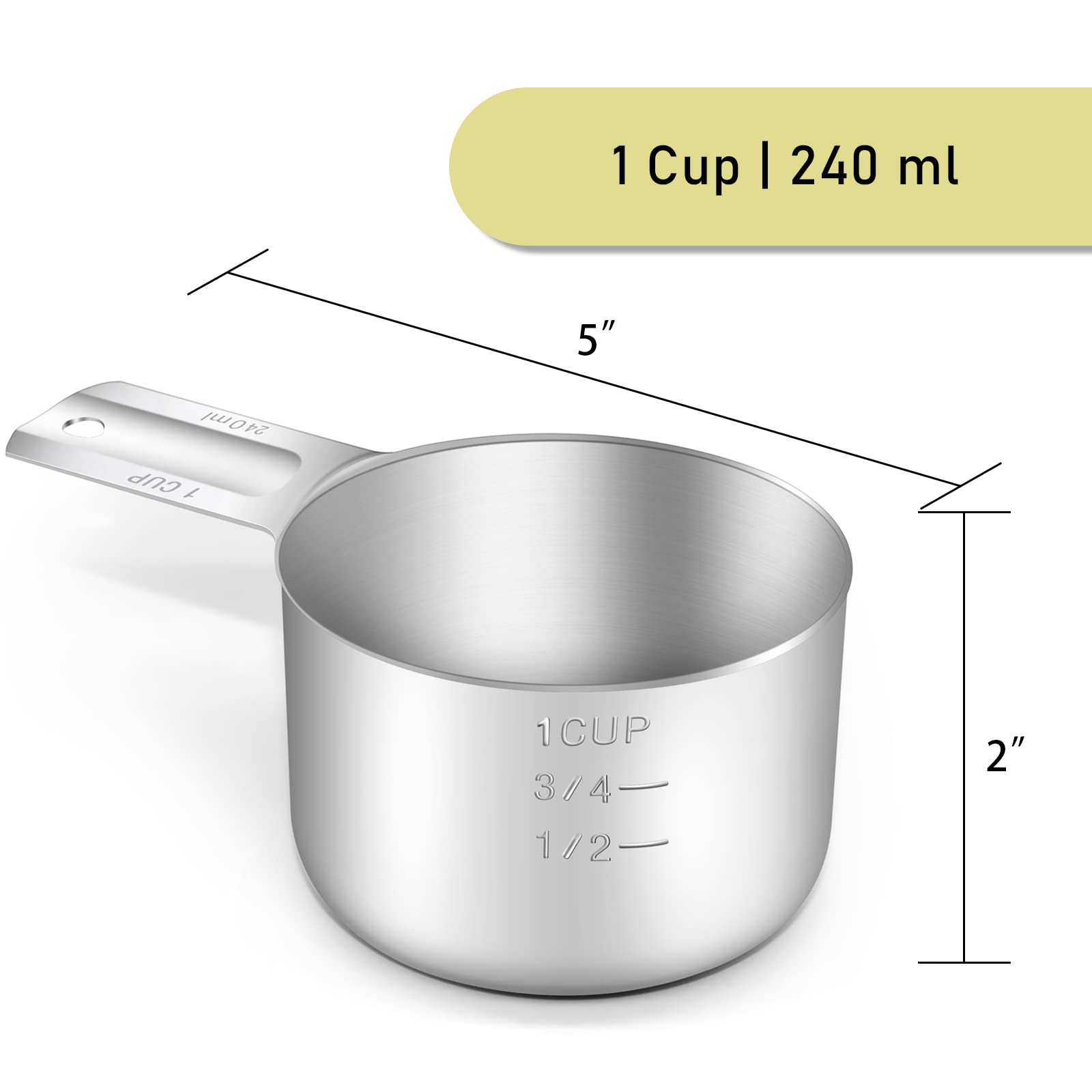 Beryler 2 Pack 1 Cup (240 Ml | 240 Cc | 8 Oz) Measuring Cup, Stainless Steel Measuring Cups, Metal Measuring Cup, Kitchen Gadget
